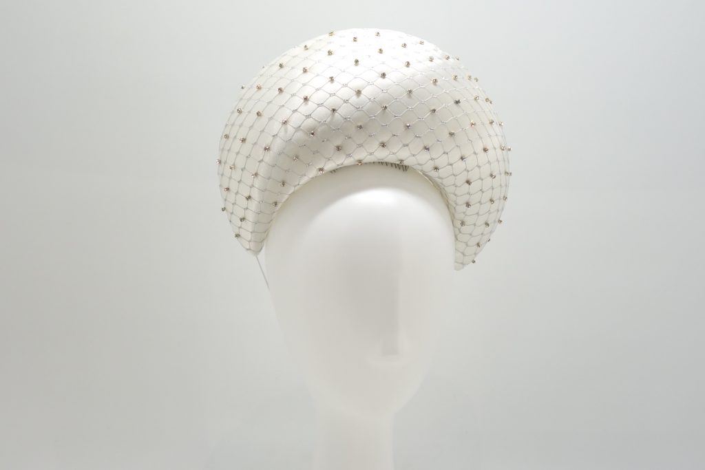 White satin Bridal Halo Crown with crystals and silver netting by Sydney Milliner, Abigail Fergusson Millinery
