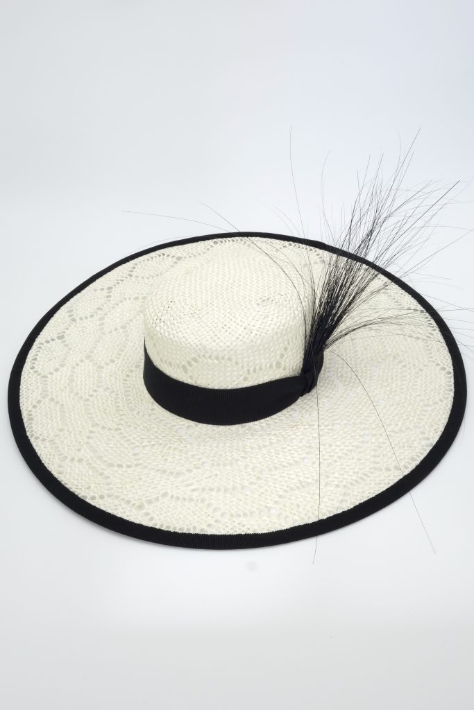 Black and white straw sun hat with peacock herl trim by Sydney Millinery, Abigail Fergusson Millinery Australia