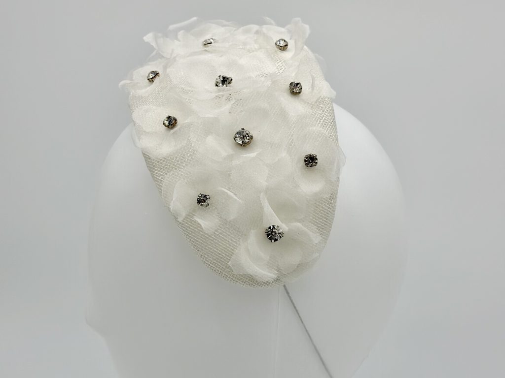 Racewear Spring Racing Bridal Headpiece White sinamay bandeau bridal derby day headpiece with handmade organza flowers with crystal centres by Australian Milliner Sydney milliner Abigail Fergusson Millinery Australia