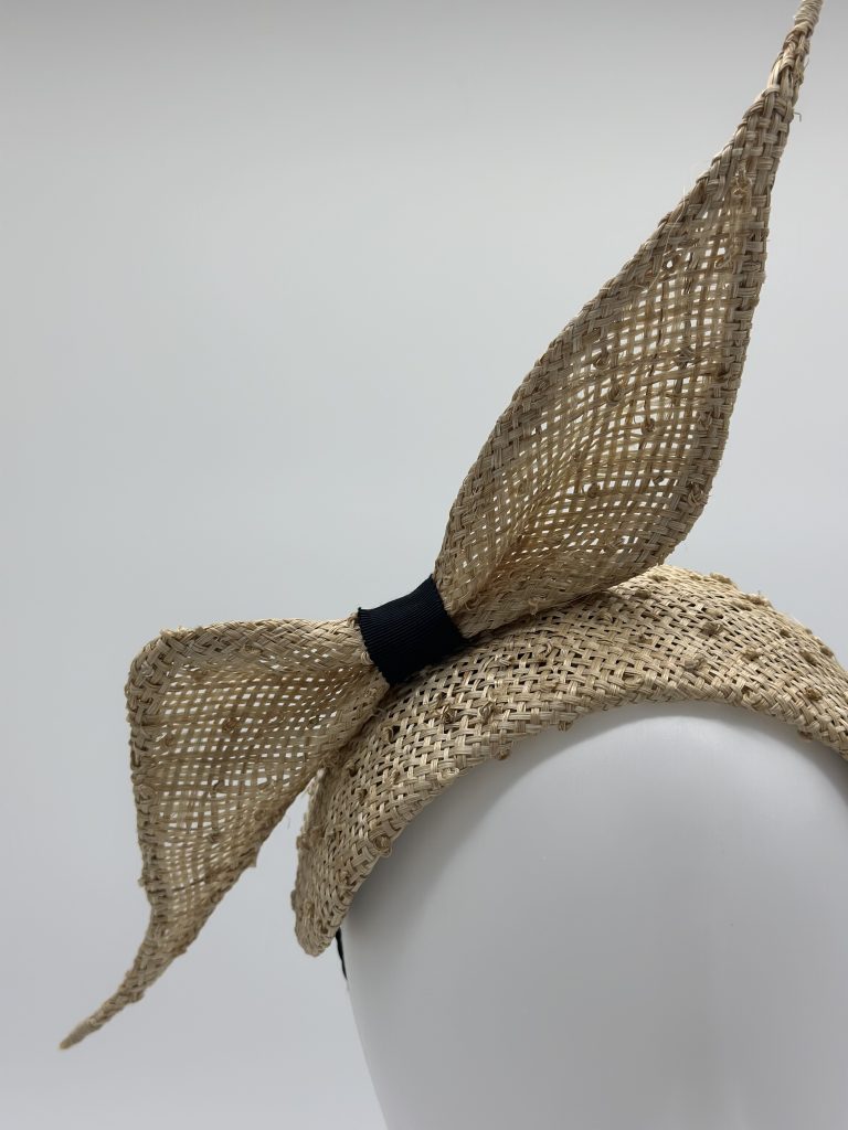 Spring Summer Sisal straw bandeau with sculptural bow by Sydney Milliner Abigail Fergusson Millinery Australia