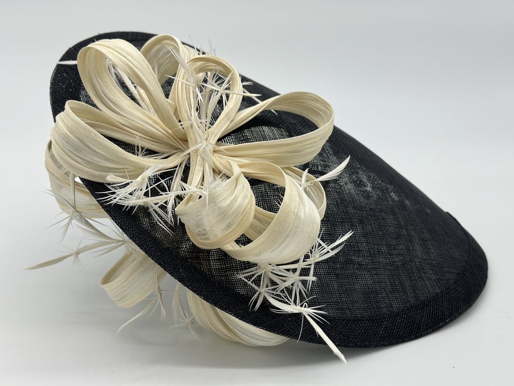 Racewear Spring Racing Derby Day large black sinamay saucer with ivory Biot feathers and silk abaca loops by Australian Milliner Sydney milliner hat maker, Abigail Fergusson Millinery Australia