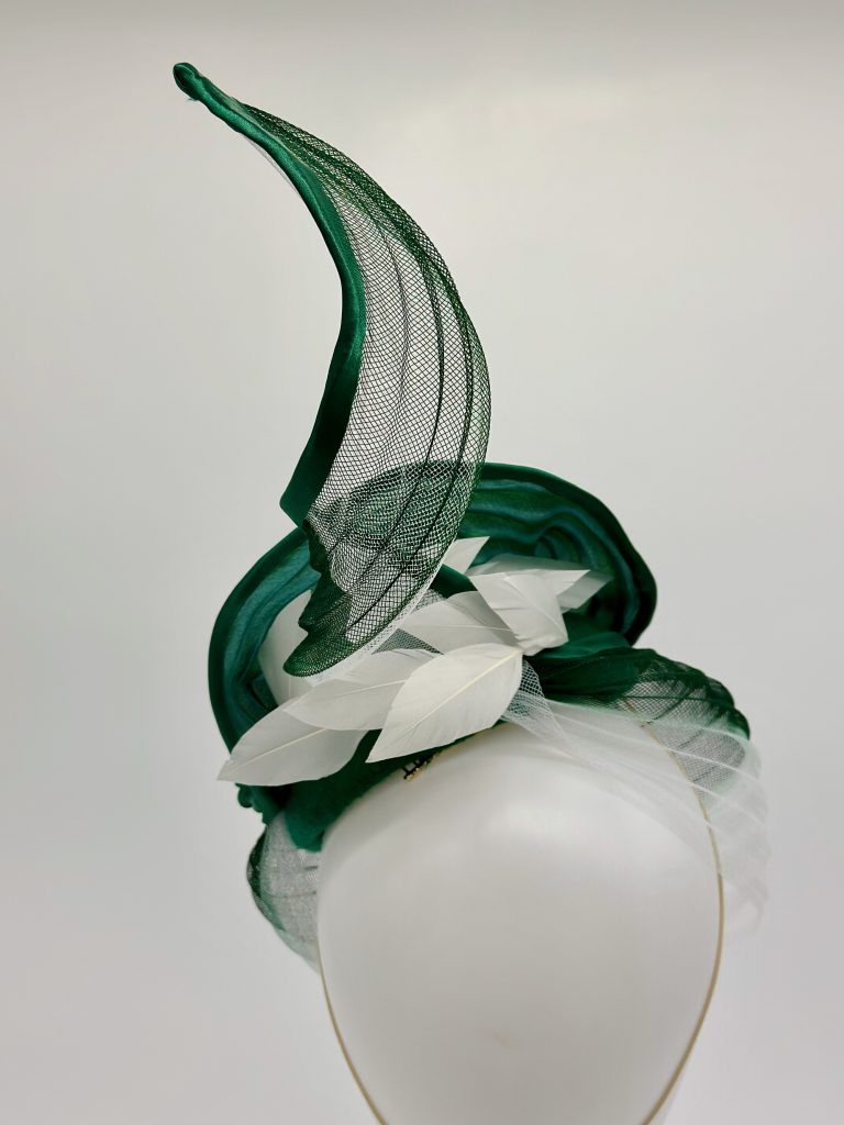 Autumn winter racewear green felt with pleated silk shibori and Swarovski pearl beading with crinoline veil and feathers by Australian milliner / Sydney milliner / hat maker, Abigail Fergusson Millinery
