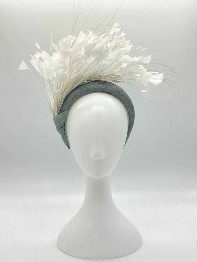 Baby blue parasisal straw headband with white feathers and peacock herl by Sydney milliner / Australian milliner Abigail Fergusson Millinery