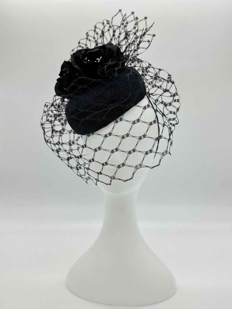 Derby Day style Black sinamay beret button cocktail hat with silk roses and vintage inspired veiling by Sydney milliner / Sydney hatmaker / Australian Milliner Abigail Fergusson Millinery
