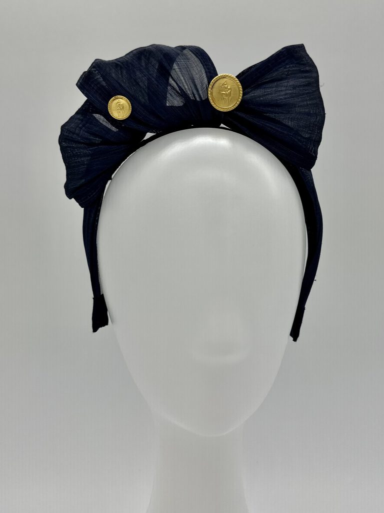 Racewear navy silk abaca headband with gold polo buttons by Australian milliner / hatmaker / Sydney Milliner Abigail Fergusson Millinery polo fashion spring racing