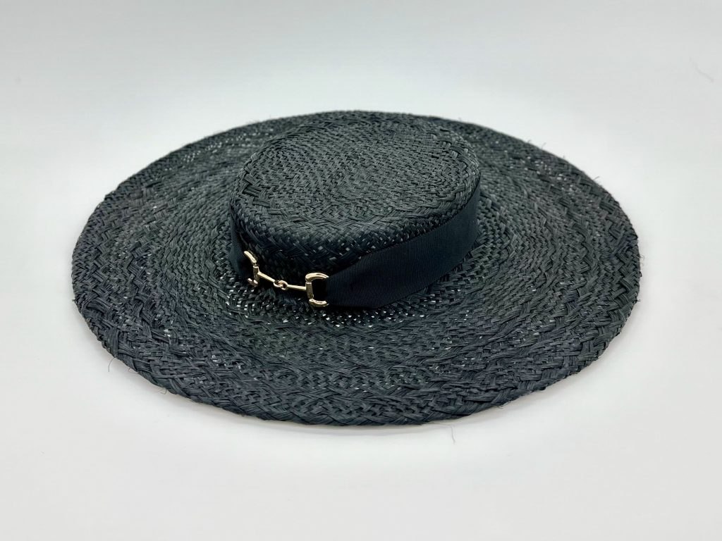 Spring racing millinery racewear derby day braided sisal straw boater hat with horse snaffle stirrup saddle bit trim buckle by Australian Milliner / Sydney Milliner Hat Maker, Abigail Fergusson Millinery