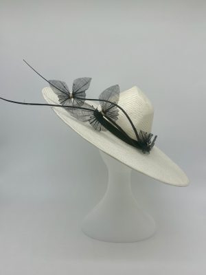 FOTF Fashions on the Field Spring Racing Millinery Racewear Ivory Parasisal straw hat with angled crown, trimmed with black origami sinamay butterflies and quillsby Australian Milliner, Abigail Fergusson Millinery, in store at The Milliner's Closet in Balgowlah in Sydney's Northern Beaches, perfect for the Derby Day, Melbourne Cup, The Everest, Magic Millions Carnivals, Portsea Polo or Polo in the City Events.