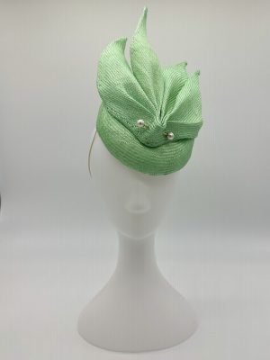 Spring Racing Millinery Racewear Sage mint green parasisal straw duchess shaped cocktail hat with sculptural wings and pearl bar trim by Sydney Milliner Australian Milliner Hatmaker Abigail Fergusson Millinery