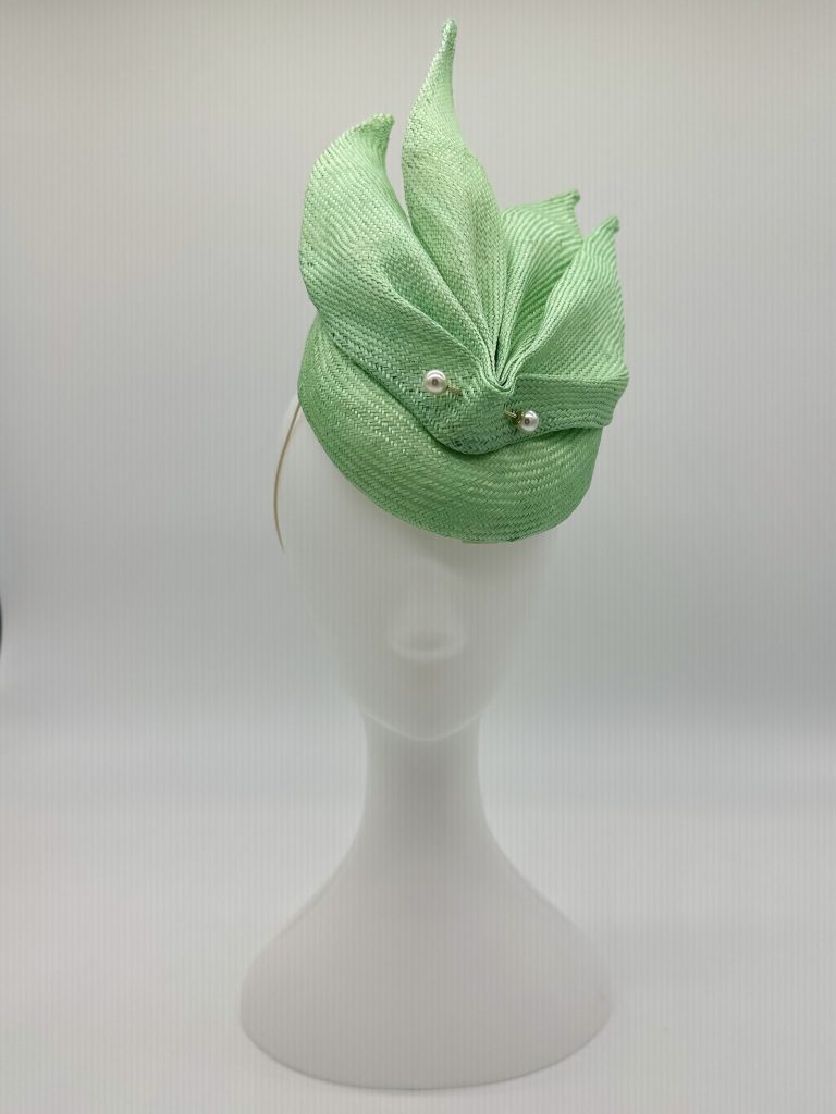 Spring Racing Millinery Racewear Sage mint green parasisal straw duchess shaped cocktail hat with sculptural wings and pearl bar trim by Sydney Milliner Australian Milliner Hatmaker Abigail Fergusson Millinery