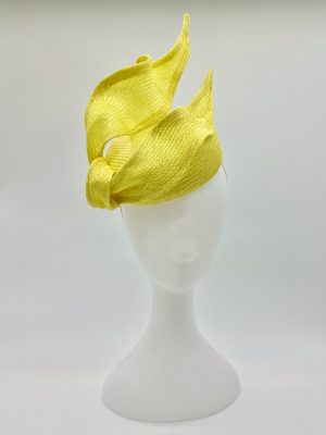 Spring Racing Millinery Racewear canary yellow parasisal straw duchess shaped cocktail hat with sculpted straw knot trim by Sydney Milliner Australian Milliner Hatmaker Abigail Fergusson Millinery