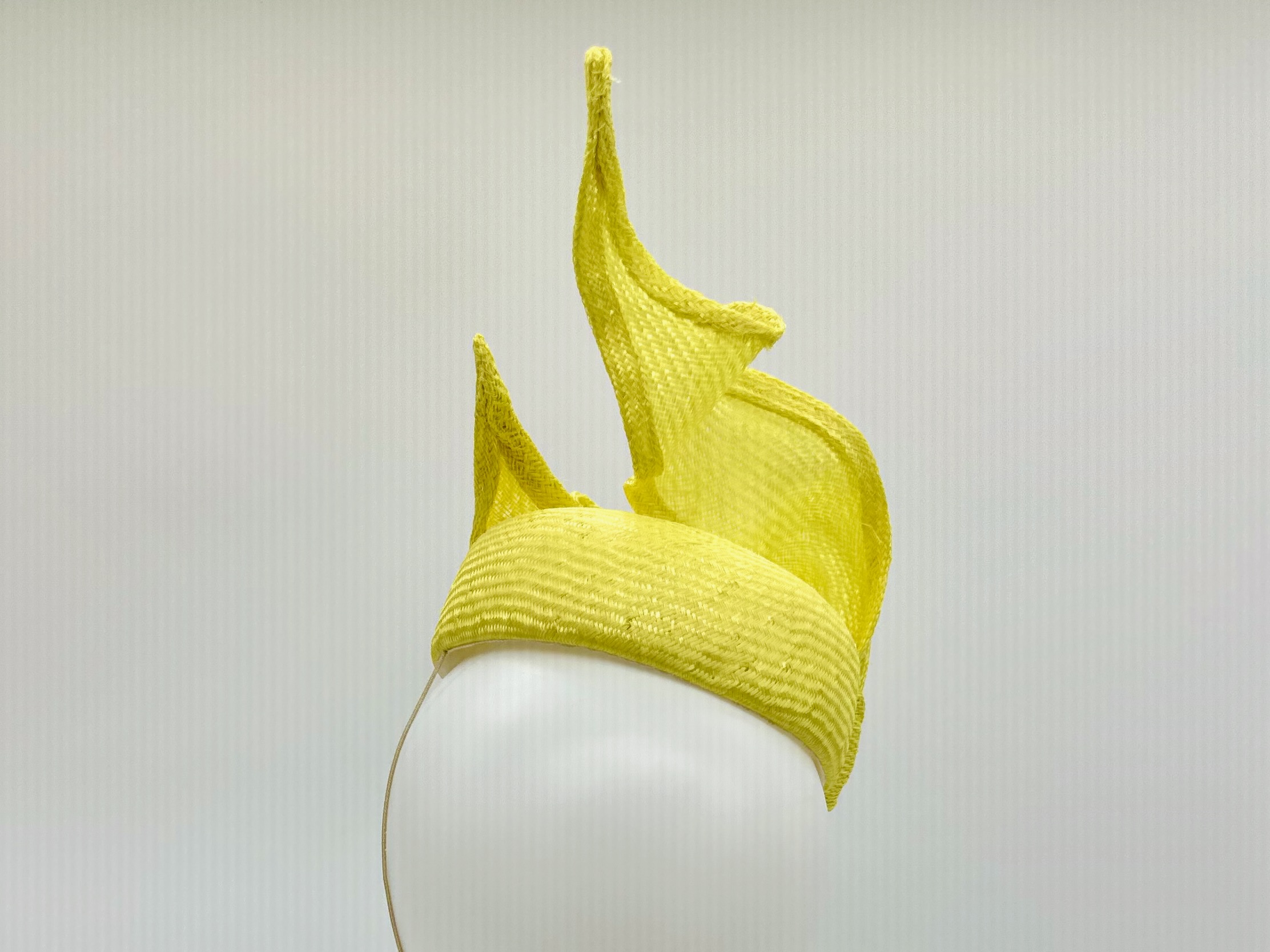 Spring Racing Millinery Racewear canary yellow parasisal straw duchess shaped cocktail hat with sculpted straw knot trim by Sydney Milliner Australian Milliner Hatmaker Abigail Fergusson Millinery