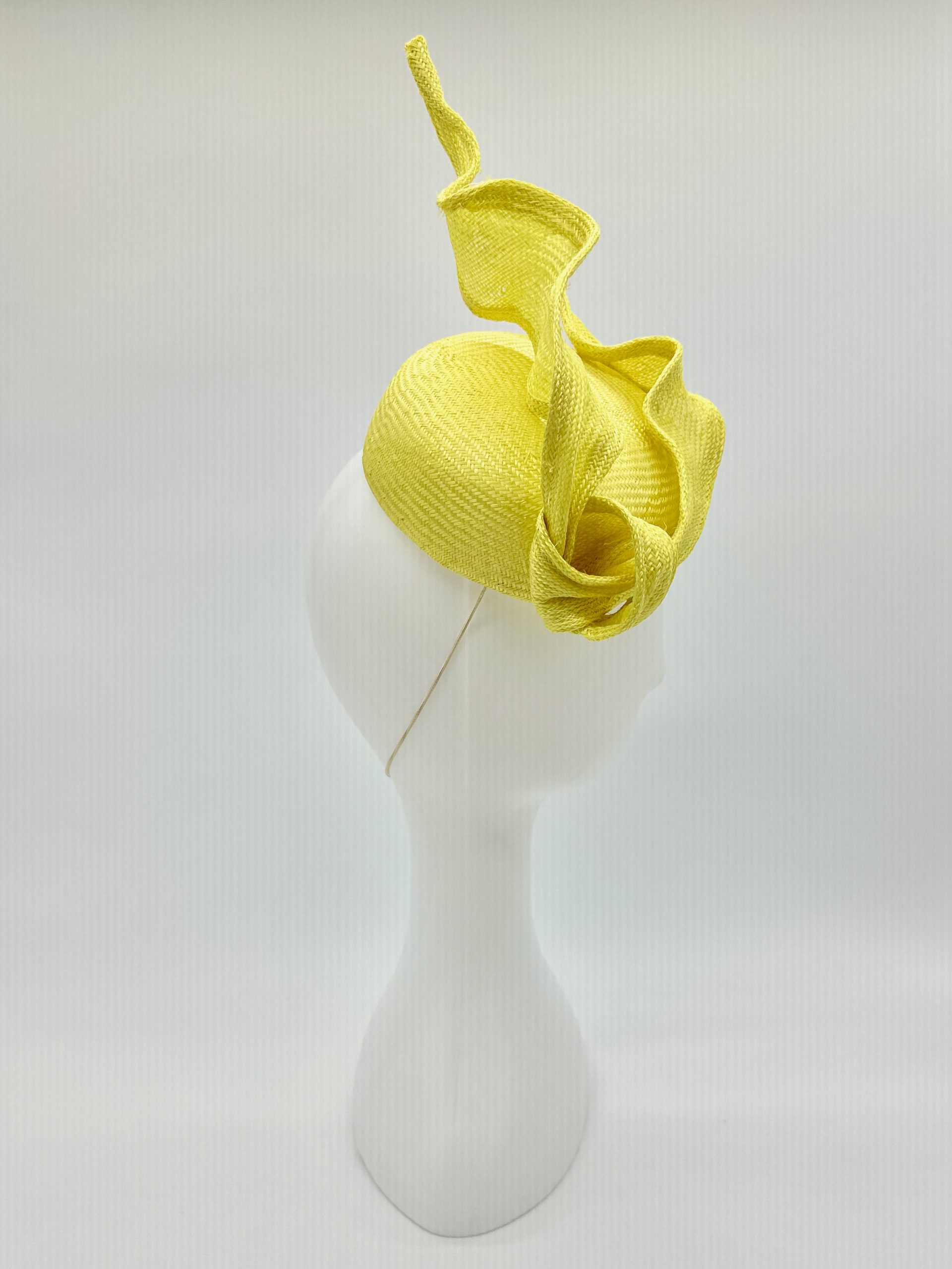 Spring Racing Millinery Racewear canary yellow parasisal straw duchess shaped cocktail hat with sculpted straw knot trim by Sydney Milliner Australian Milliner Hatmaker Abigail Fergusson Millinery