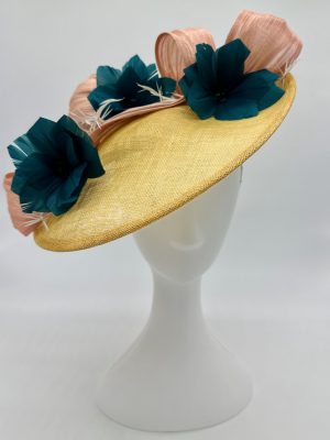 FOTF Fashions on the Field Spring Racing Millinery Racewear YellowSinamay Saucer hatpins silk abaca loops, teal feather flowers and white biot feathers by Australian Milliner, Abigail Fergusson Millinery, in store at The Milliner's Closet in Balgowlah in Sydney's Northern Beaches, perfect for the Melbourne Cup, The Everest and Magic Millions Carnivals.