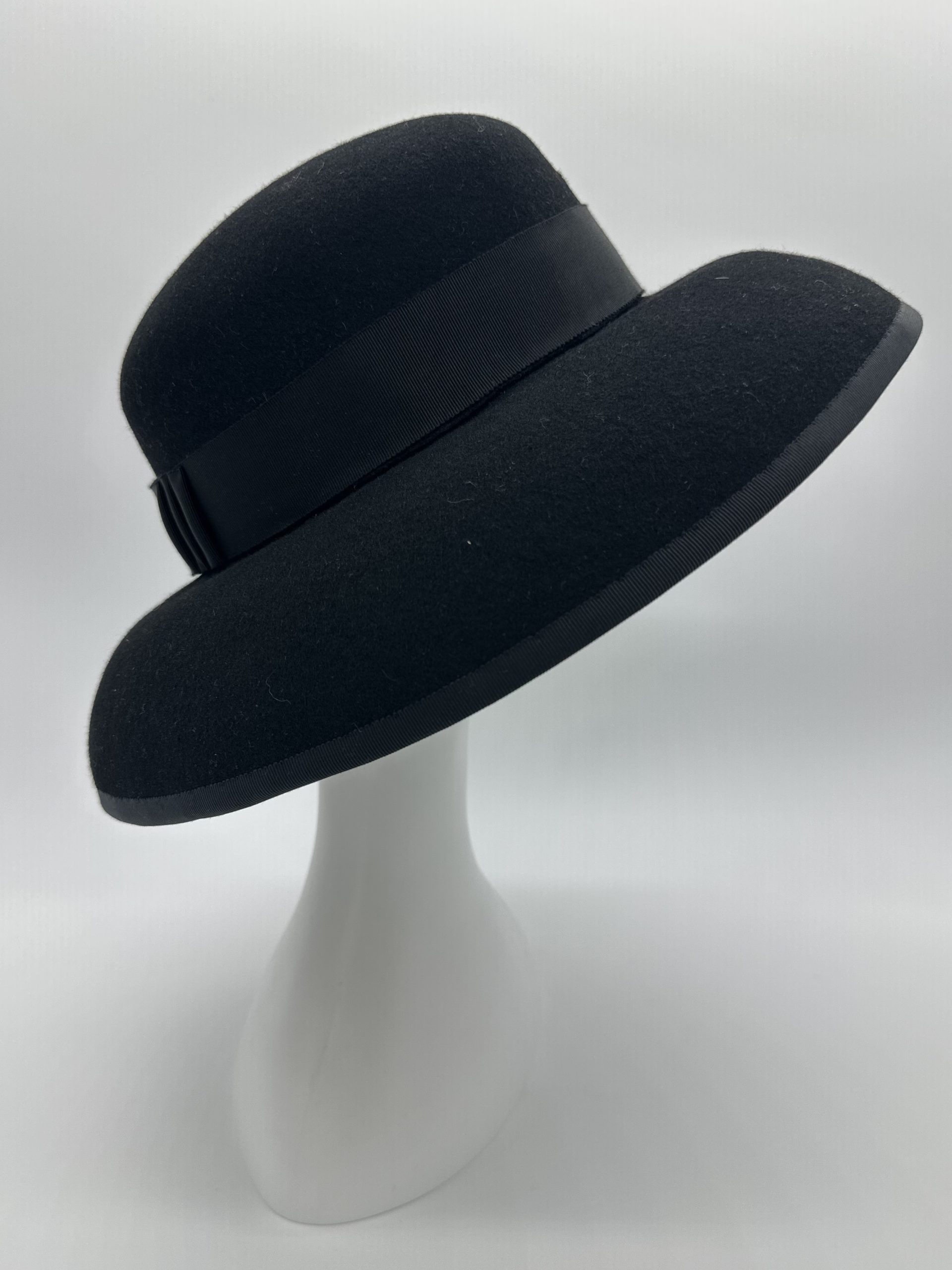 Black felt drop brim hat inspired by Audrey Hepburn in Breakfast at Tiffanys by Australian milliner Sydney milliner Abigail Fergusson Millinery