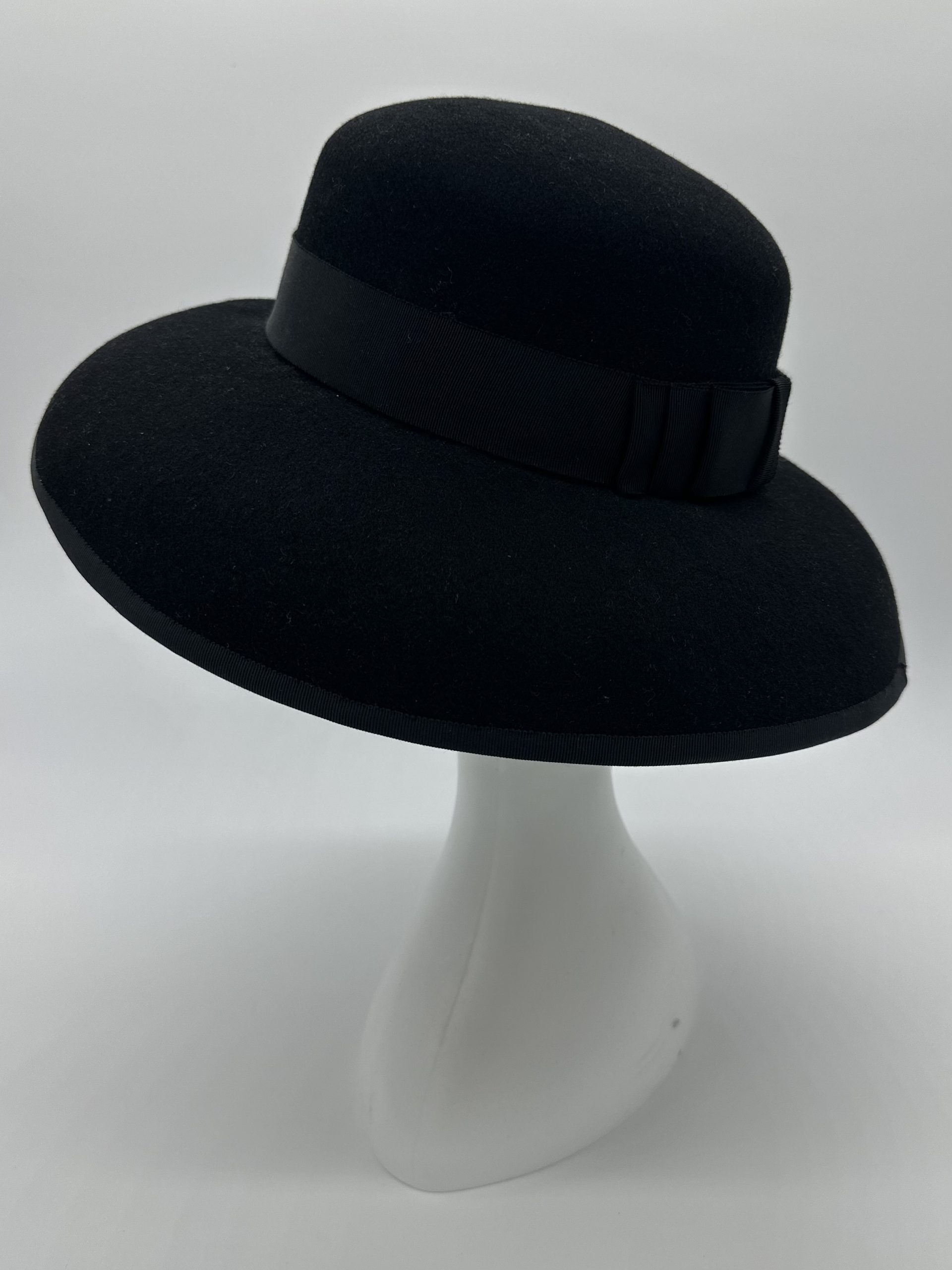 Black felt drop brim hat inspired by Audrey Hepburn in Breakfast at Tiffanys by Australian milliner Sydney milliner Abigail Fergusson Millinery