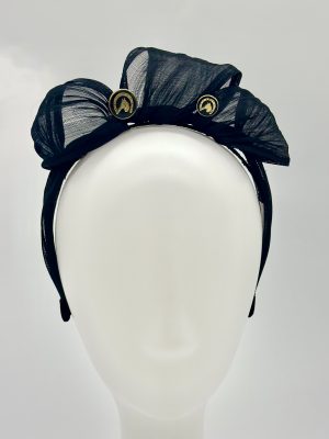 Derby Day Championships Day Black silk abaca loop headband with equestrian buttons by Sydney milliner Abigail Fergusson Millinery Australia available at the Milliner's Closet Boutique hat shop on Sydney's Northern Beaches