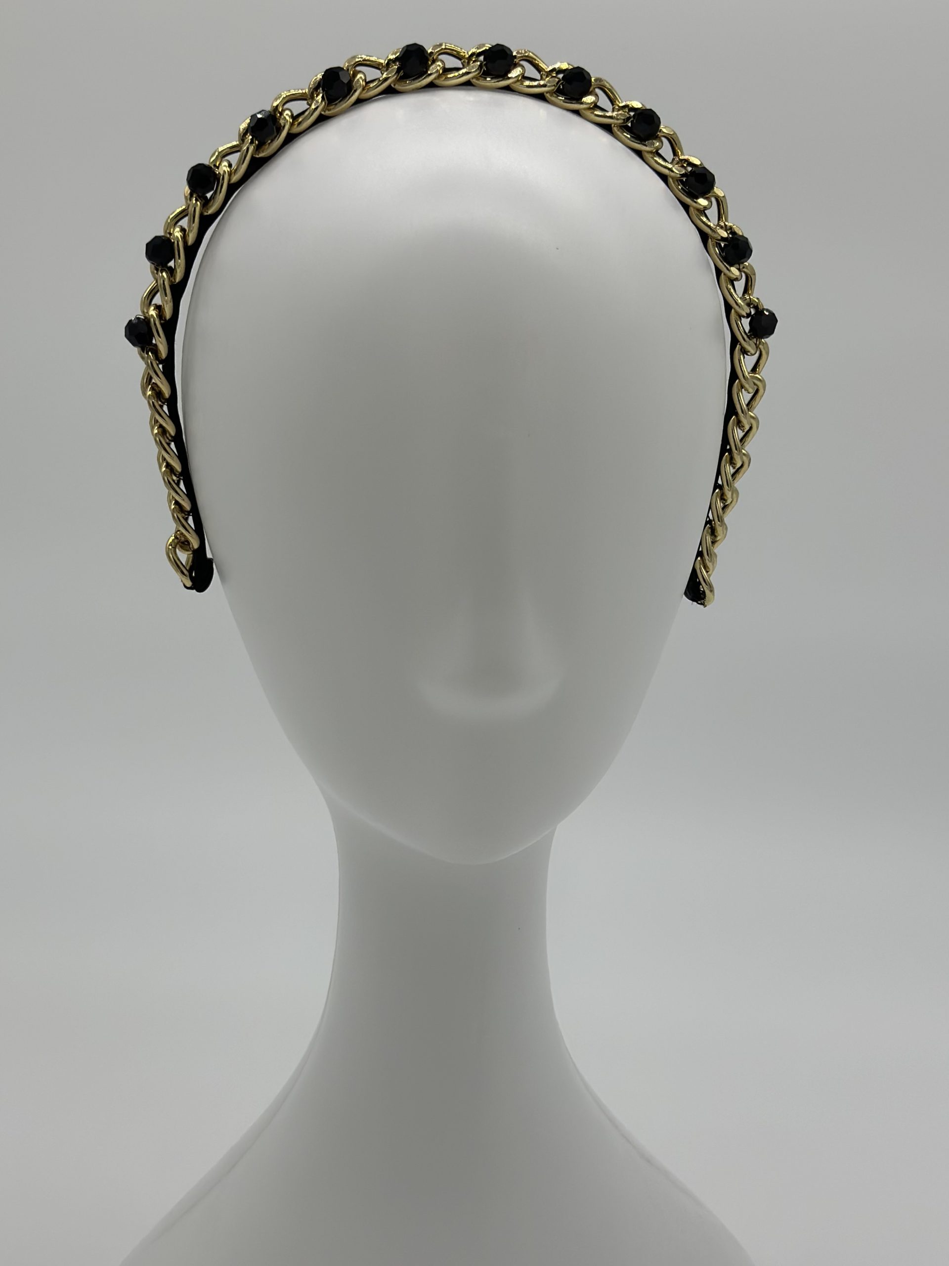 Derby Day Championships Day Gold chain headband with Swarovski black crystals by Sydney milliner Abigail Fergusson Millinery Australia available at the Milliner's Closet Boutique hat shop on Sydney's Northern Beaches