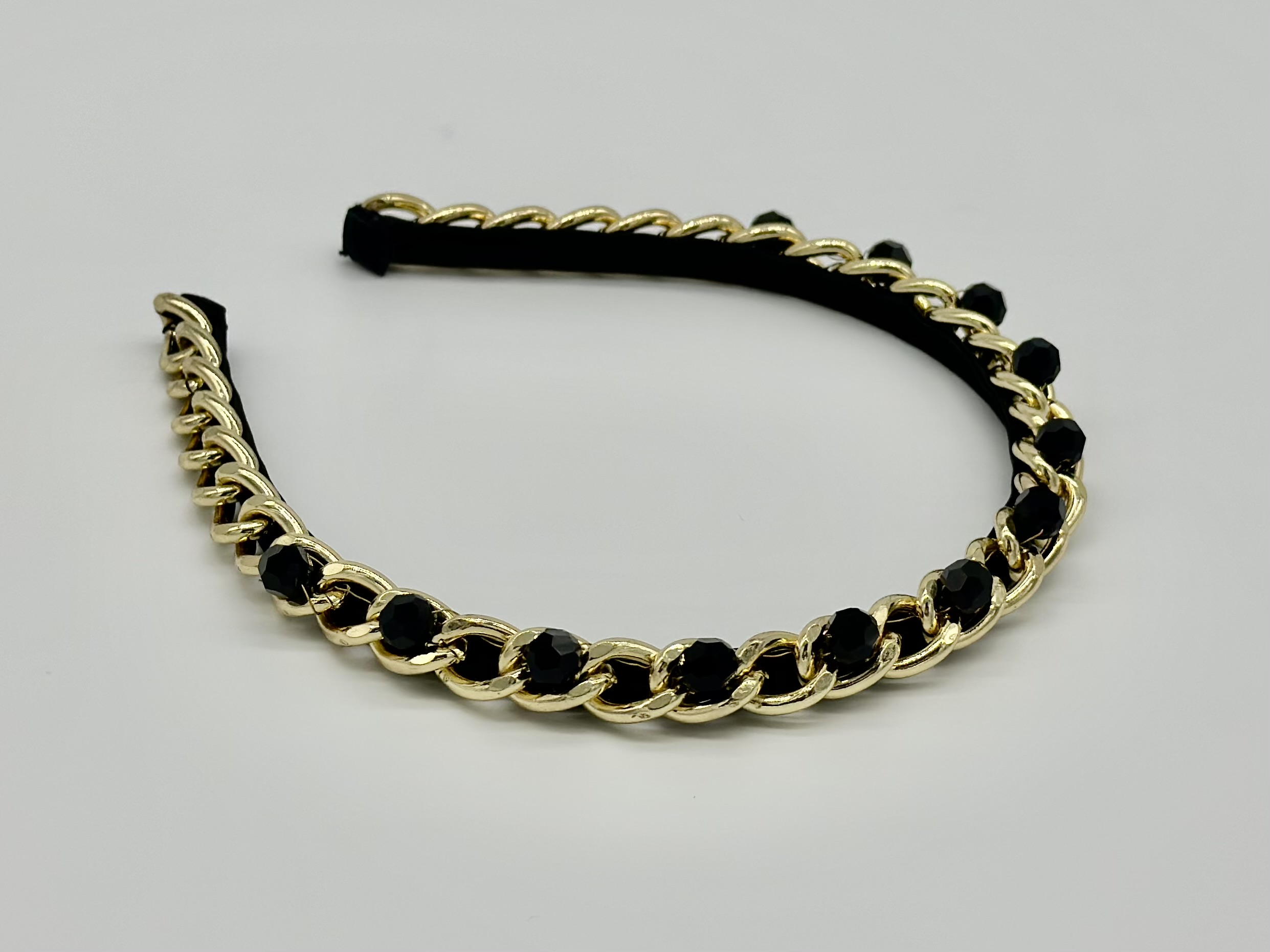 Derby Day Championships Day Gold chain headband with Swarovski black crystals by Sydney milliner Abigail Fergusson Millinery Australia available at the Milliner's Closet Boutique hat shop on Sydney's Northern Beaches