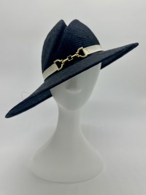 Navy Angled Parasisal Straw Hat with gold horse snaffle bit hardware by Australian Milliner, Abigail Fergusson Millinery, in store at The Milliner's Closet in Balgowlah in Sydney's Northern Beaches, perfect for the Magic Millions or Portsea Polo or Polo in the City Events