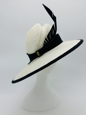 Monochrome Angled Parasisal Straw Hat with feather by Australian Milliner, Abigail Fergusson Millinery, in store at The Milliner's Closet in Balgowlah in Sydney's Northern Beaches, perfect for the Magic Millions or Portsea Polo or Polo in the City Events