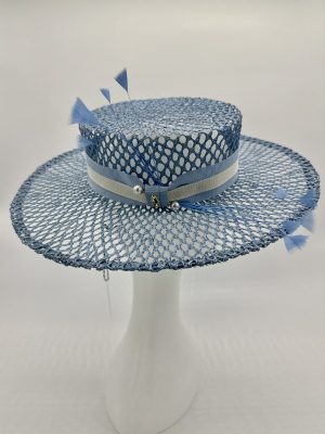 Spring Racing Millinery Racewear Hat Blue Open Weave Sisal straw boater hat with pearl and feather embellishment by Navy Angled Parasisal Straw Hat with gold horse snaffle bit hardware by Australian Milliner, Abigail Fergusson Millinery, in store at The Milliner's Closet in Balgowlah in Sydney's Northern Beaches, perfect for the Magic Millions or Portsea Polo or Polo in the City Events