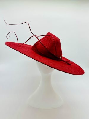 Wide Brim Red Parasisal Straw Hat with quills and feathered hatband by Australian Milliner, Abigail Fergusson Millinery, in store at The Milliner's Closet in Balgowlah in Sydney's Northern Beaches.