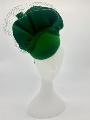 Racewear green felt button cocktail hat with frill and veiling and plait detailing by Sydney milliner Abigail Fergusson Millinery Australia available at the Milliner's Closet Boutique hat shop on Sydney's Northern Beaches
