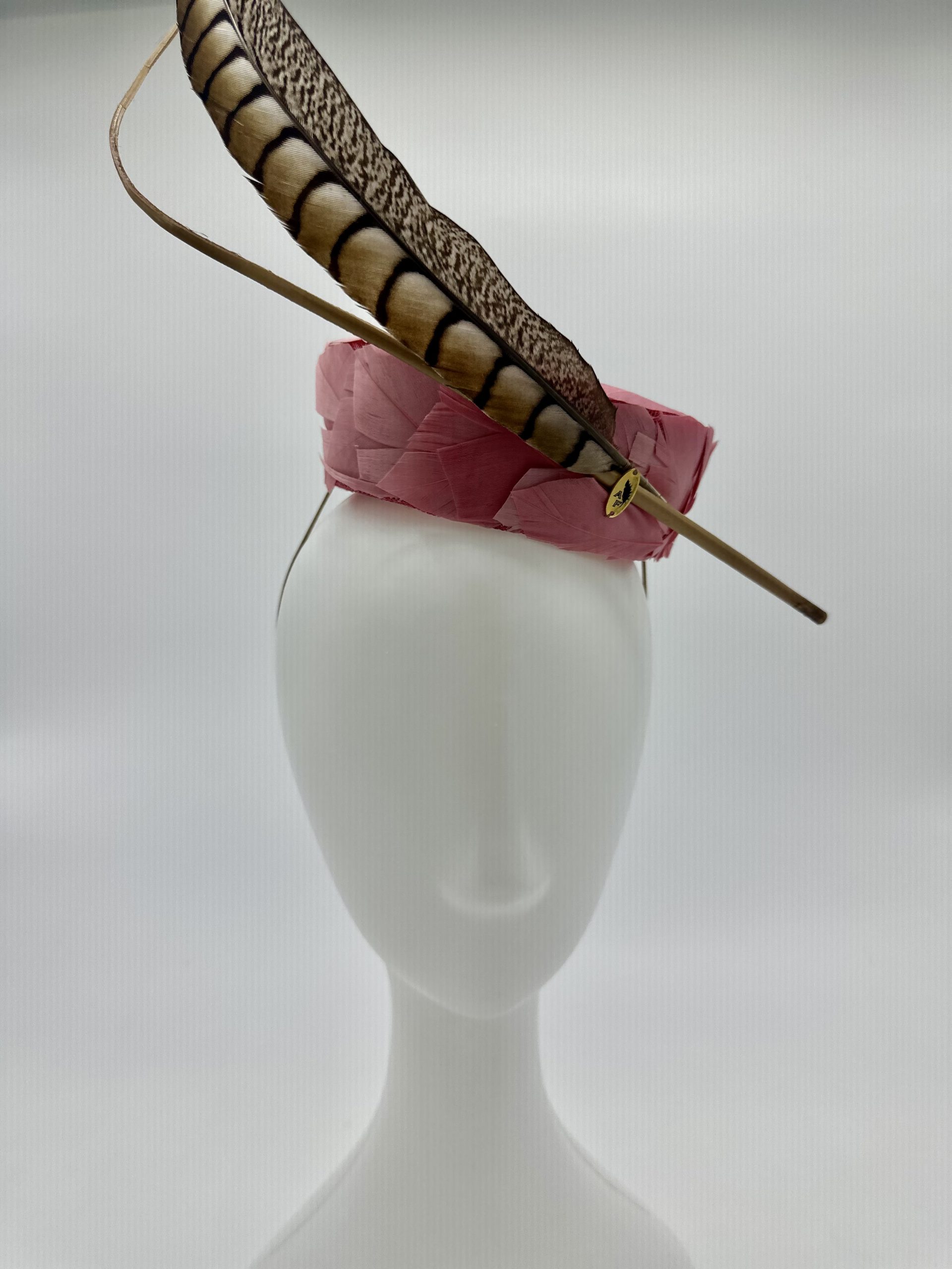 Trans seasonal pink feathered pillbox with pheasant feather and matching quill by Sydney milliner Abigail Fergusson Millinery Australia available at the Milliner's Closet Boutique hat shop on Sydney's Northern Beaches