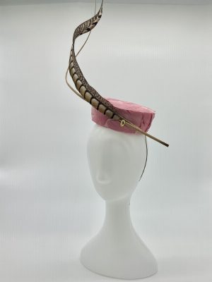 Trans seasonal pink feathered pillbox with pheasant feather and matching quill by Sydney milliner Abigail Fergusson Millinery Australia available at the Milliner's Closet Boutique hat shop on Sydney's Northern Beaches
