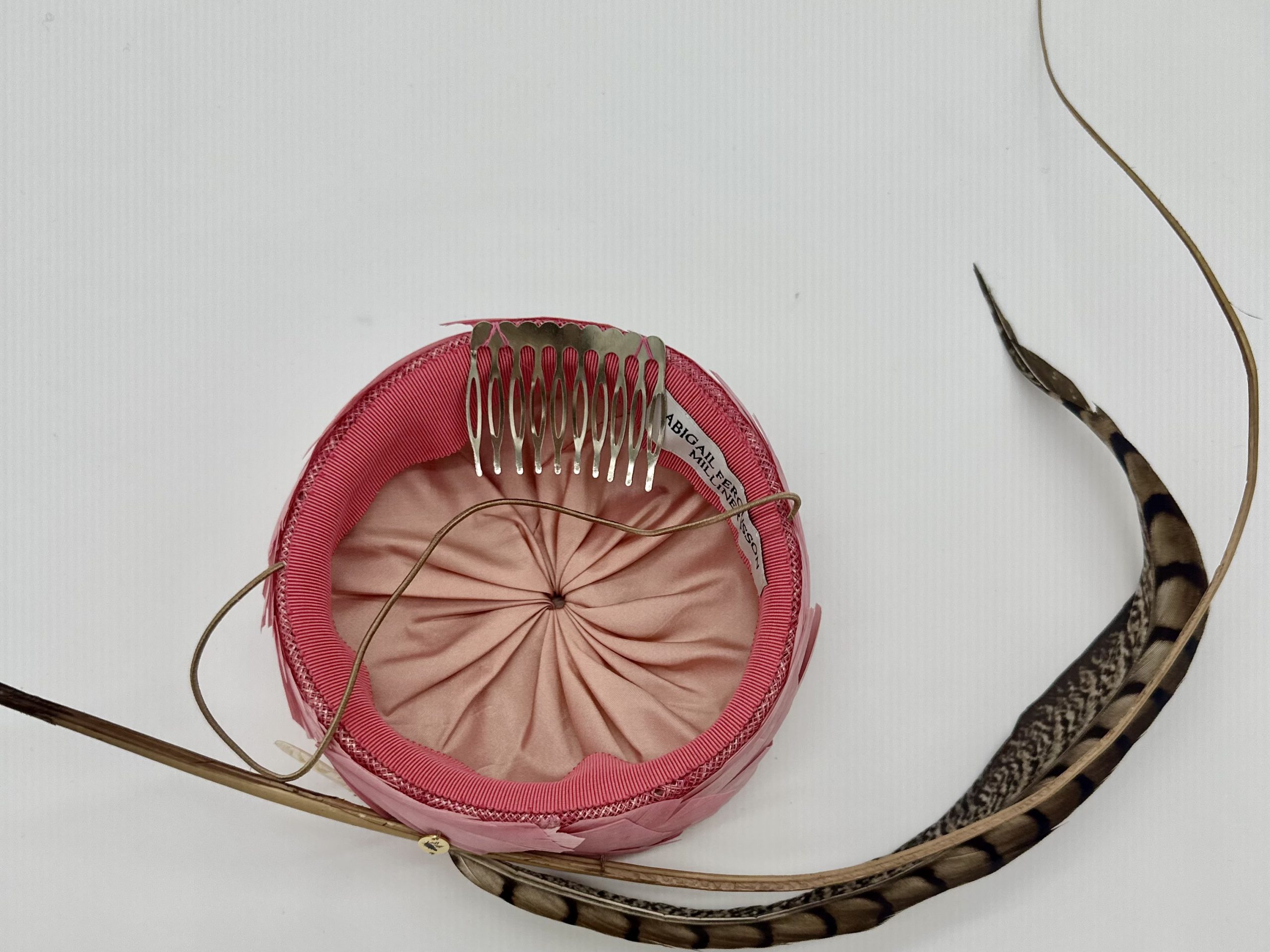 Trans seasonal pink feathered pillbox with pheasant feather and matching quill by Sydney milliner Abigail Fergusson Millinery Australia available at the Milliner's Closet Boutique hat shop on Sydney's Northern Beaches