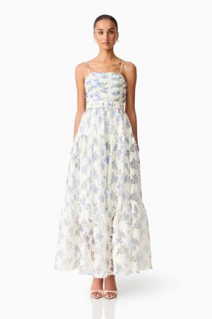 Elliatt Cleo A-Line Gown in White & Blue Floral available in store at The Milliner's Closet Sydney Boutique Northern Beaches