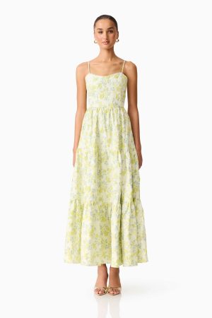 Elliatt Posey Jacquard Gown in Green Floral available in store at The Milliner's Closet Sydney Boutique Northern Beaches