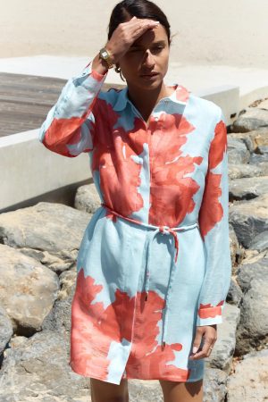 Sofia Irina Nada Relaxed Mini Shirt Dress in blue and red floral print