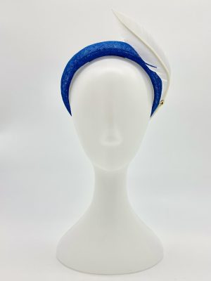 FOTF Fashions on the Field Spring Racing Millinery Racewear blue sinamay headband, trimmed with sculpted white feather by Australian Milliner, Abigail Fergusson Millinery, in store at The Milliner's Closet in Balgowlah in Sydney's Northern Beaches, perfect for the Derby Day, Melbourne Cup, The Everest, Magic Millions Carnivals.