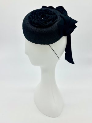 FOTF Fashions on the Field Spring Racing Millinery Racewear Hat black sinamay pillbox fluted black petersham ribbon rosette and bow by Australian Milliner, Abigail Fergusson Millinery, in store at The Milliner's Closet in Balgowlah in Sydney's Northern Beaches, perfect for Derby Day, Melbourne Cup and The Everest racedays.