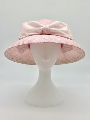 FOTF Fashions on the Field Spring Racing Millinery Racewear Hat pink parasisal straw Dior drop brim hat with large matching silk bow by Australian Milliner, Abigail Fergusson Millinery, in store at The Milliner's Closet in Balgowlah in Sydney's Northern Beaches, perfect for Oaks Day, Melbourne Cup and The Everest racedays.