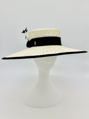 FOTF Fashions on the Field Spring Racing Millinery Racewear Hat patterned straw boater hat with black hat band and black goose nagoire feathers by Australian Milliner, Abigail Fergusson Millinery, in store at The Milliner's Closet in Balgowlah in Sydney's Northern Beaches, perfect for the Magic Millions or Portsea Polo or Polo in the City Events