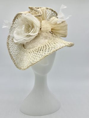 FOTF Fashions on the Field Spring Racing Millinery Racewear inspired by Princess Catherine's iconic Royal Ascot look, this natural sisal straw saucer hat trimmed with handmade silk roses, goose nagoire feathers and silk abaca loops by Australian Milliner, Abigail Fergusson Millinery, in store at The Milliner's Closet in Balgowlah in Sydney's Northern Beaches, perfect for the Melbourne Cup, The Everest and Magic Millions Carnivals.