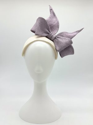 FOTF Fashions on the Field Spring Racing Millinery Racewear white parasisal straw bandeau headband with lilac purple parasisal straw sculpted bow by Australian Milliner, Abigail Fergusson Millinery, in store at The Milliner's Closet in Balgowlah in Sydney's Northern Beaches, perfect for the Oaks Day, the Melbourne Cup or the Everest Racing Carnival.
