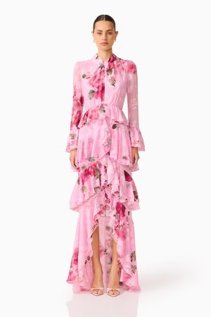 Elliatt Eleanora Ruffle Gown in pink floral print available at The Milliner's Closet fashion boutique on Sydney's Northern Beaches.