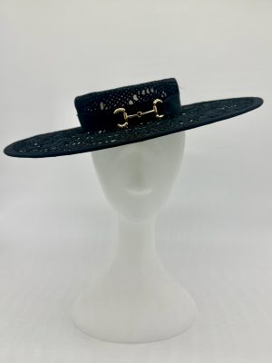 FOTF Fashions on the Field Spring Racing Millinery Racewear black honeycomb sisal straw boater hat with horse bit snaffle trim by Australian Milliner, Abigail Fergusson Millinery, in store at The Milliner's Closet in Balgowlah in Sydney's Northern Beaches, perfect for the Derby Day, Melbourne Cup, The Everest, Magic Millions Carnivals, Portsea Polo or Polo in the City Events.