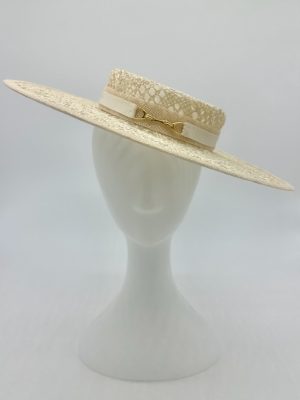 FOTF Fashions on the Field Spring Racing Millinery Racewear natural patterned sisal straw boater hat with horse bit snaffle trim by Australian Milliner, Abigail Fergusson Millinery, in store at The Milliner's Closet in Balgowlah in Sydney's Northern Beaches, perfect for the Melbourne Cup, The Everest, Magic Millions Carnivals, Portsea Polo or Polo in the City Events.